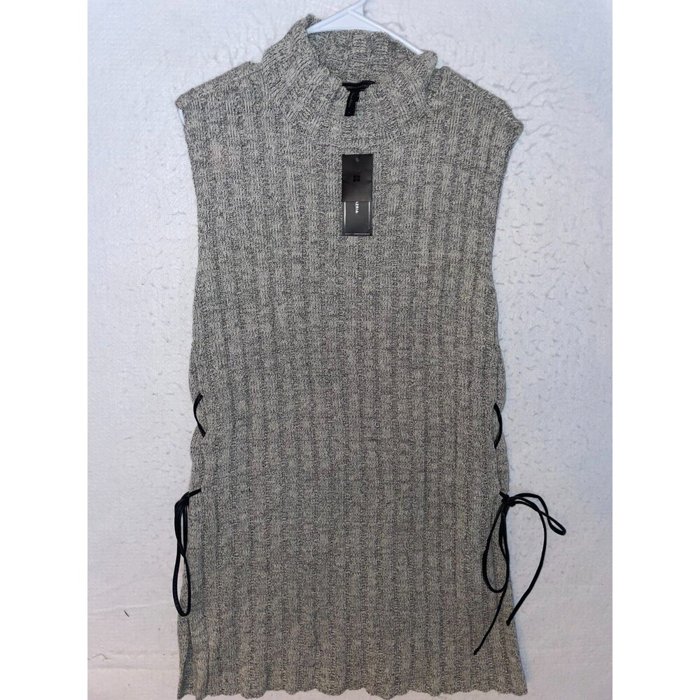 BCBG Maxazria Sleeveless Striped Lace-Up Tunic Sweater Gray Mock neck Womens L
